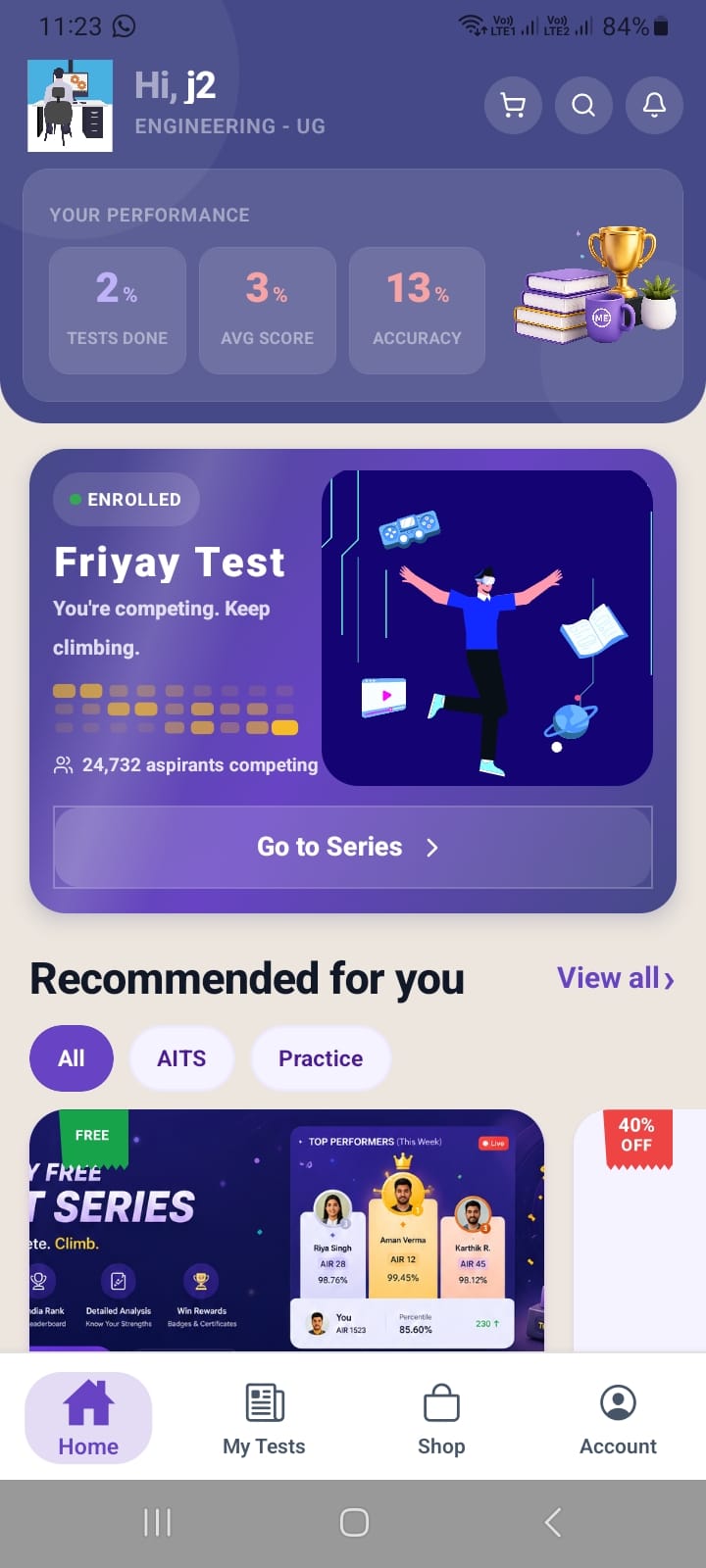 MyExams.ai student dashboard showing Friyay Test enrolled with 24,732 aspirants competing