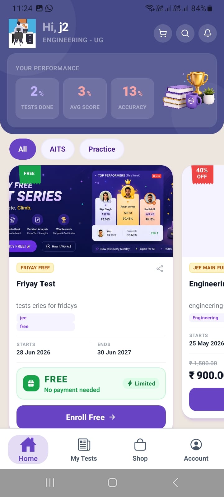 MyExams.ai Friyay Test card with FREE badge and Enrol Free button