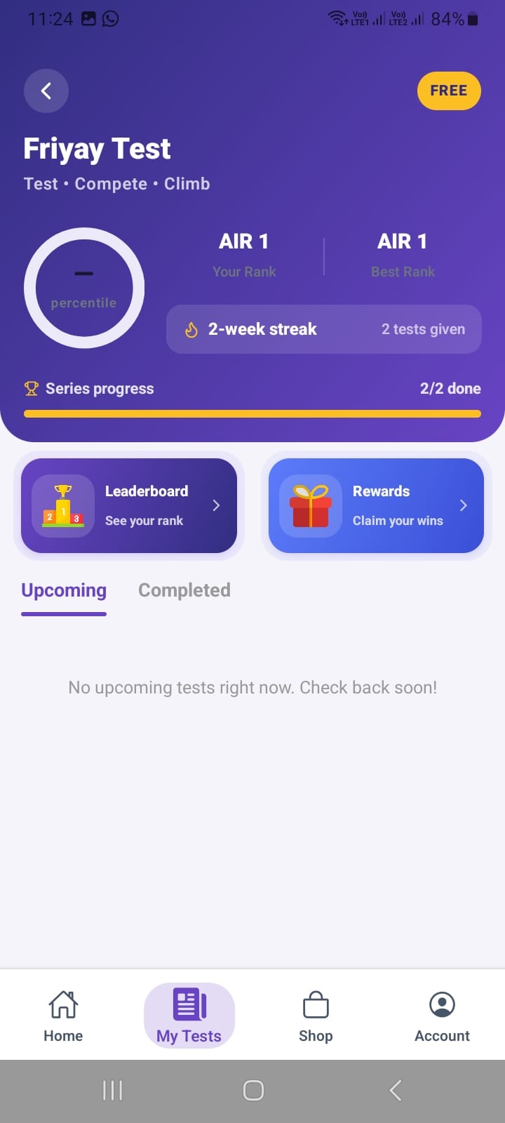 MyExams.ai test detail screen showing AIR rank, 2-week streak, and series progress