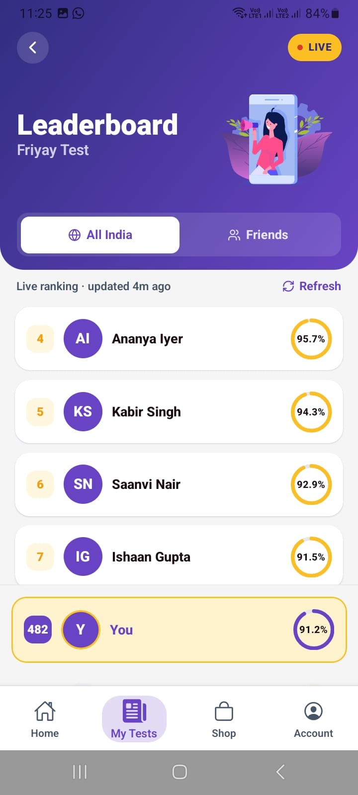 MyExams.ai leaderboard Friends tab showing top rankers among friends