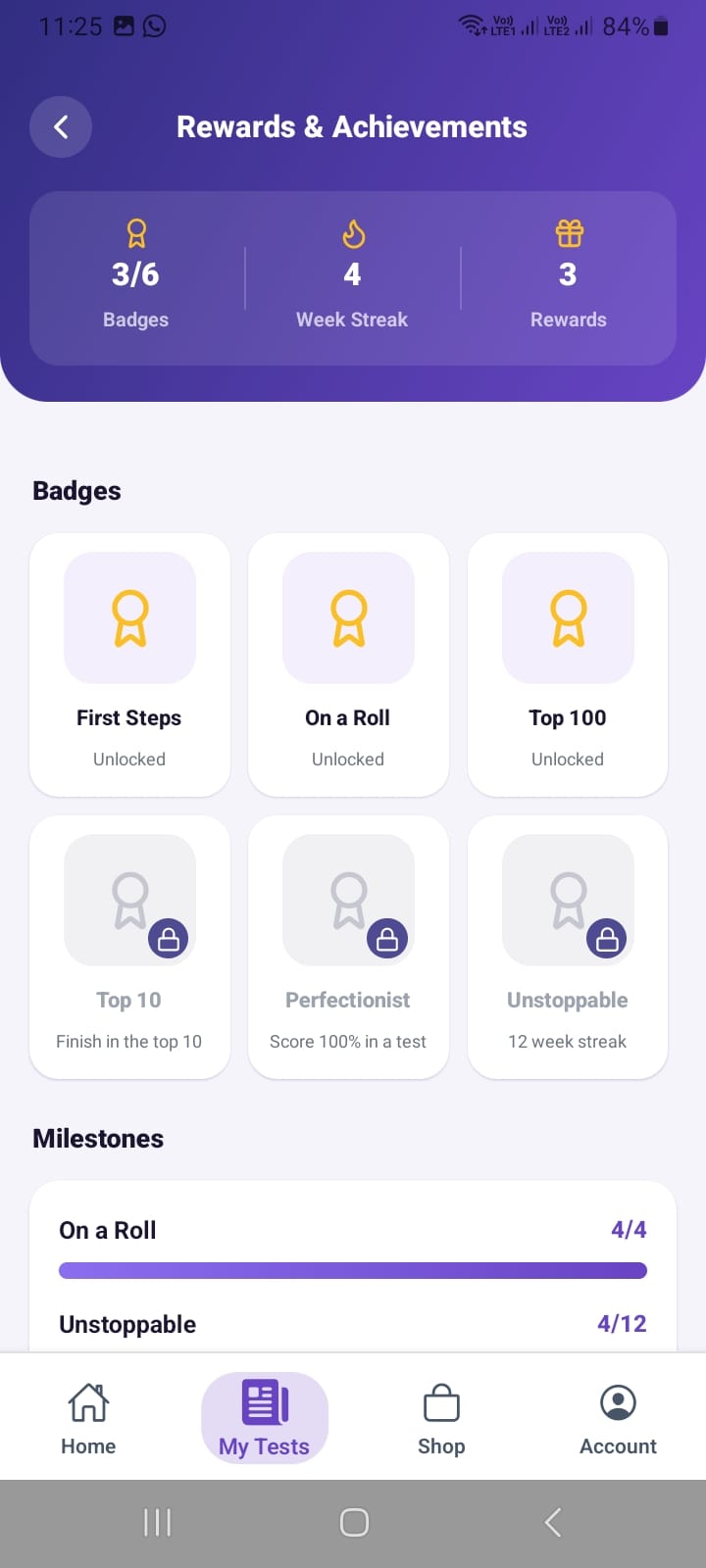 MyExams.ai completed tests list with result links
