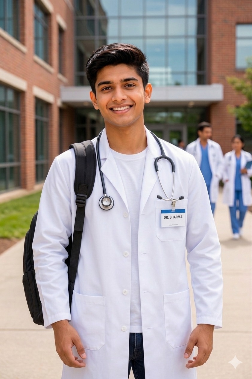 Smiling medical student in a white coat with a stethoscope