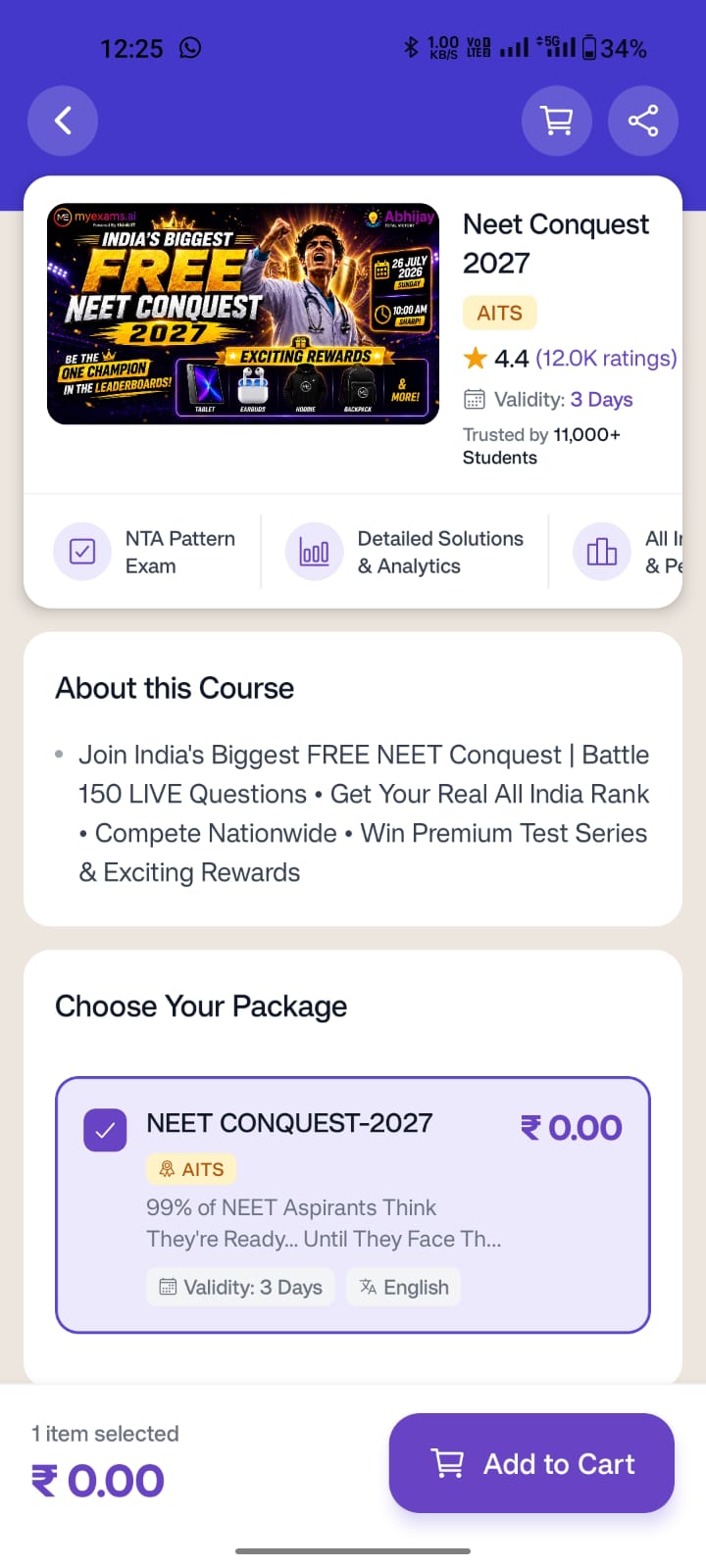 MyExams.ai NEET Conquest 2027 test card with FREE badge and Enrol Free button