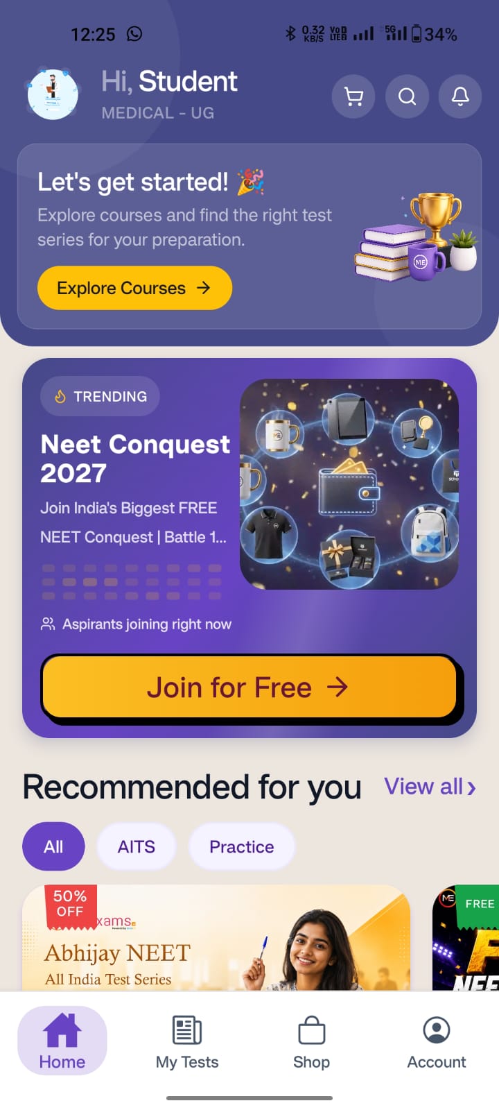 MyExams.ai student dashboard showing NEET Conquest 2027 test enrolled with thousands of aspirants competing